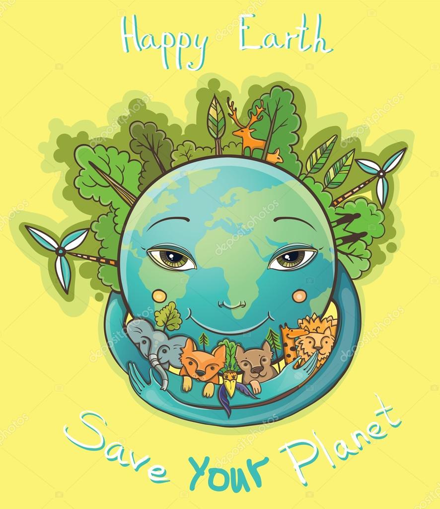 Vector cartoon Happy Earth with trees and animals. Save your planet. Stock Vector Image by ©arborelza #70700721 Vector cartoon Happy Earth with trees and animals. Save your planet. Stock Vector Image by ©arborelza #70700721