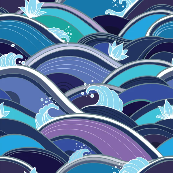 Seamless pattern with water waves and lilies — Stock Vector