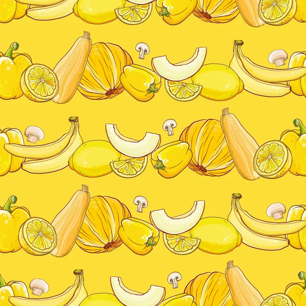 一套黄色的水果和蔬菜上淡黄色无缝 vec — 图库矢量图片