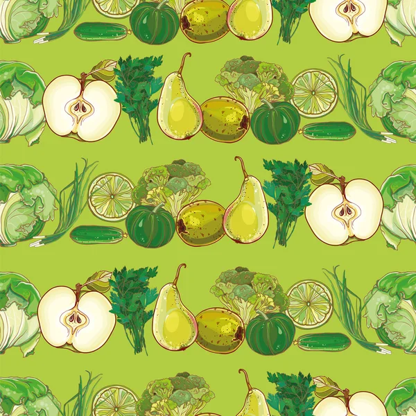 Set aus grünem Obst und Gemüse auf hellgrünem, nahtlosem Vecto — Stockvektor