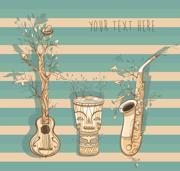 Vector illustration of live music with guitar, saxophone, djembe — 스톡 벡터