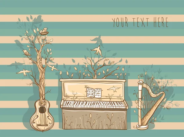 Vector illustration of live music with guitar, piano, harp. — Stock vektor