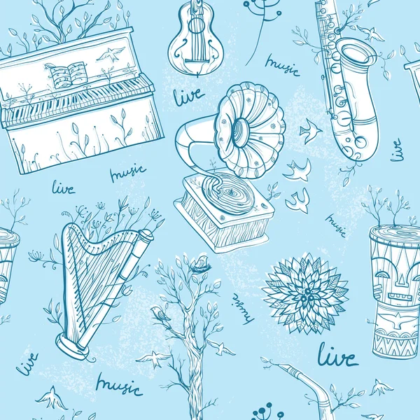 Seamless pattern with musical instruments, trees, birds. Illustration of live music. — Stok Vektör