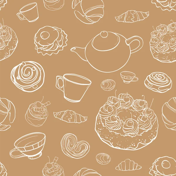 Motif de contour vectoriel sans couture avec cuisson, pâtisseries, gâteaux, thé — Image vectorielle