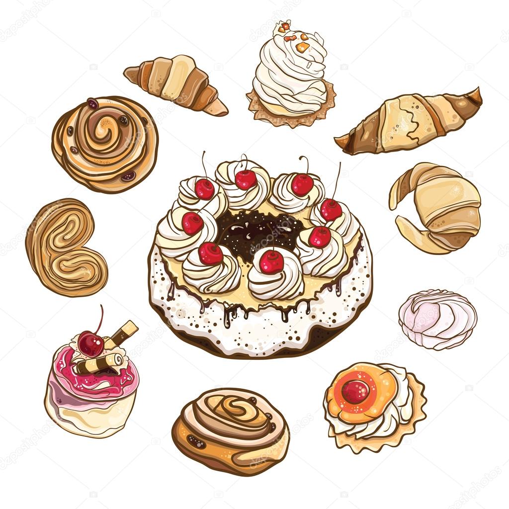 Set of sweet buns and cakes. Vector illustration.