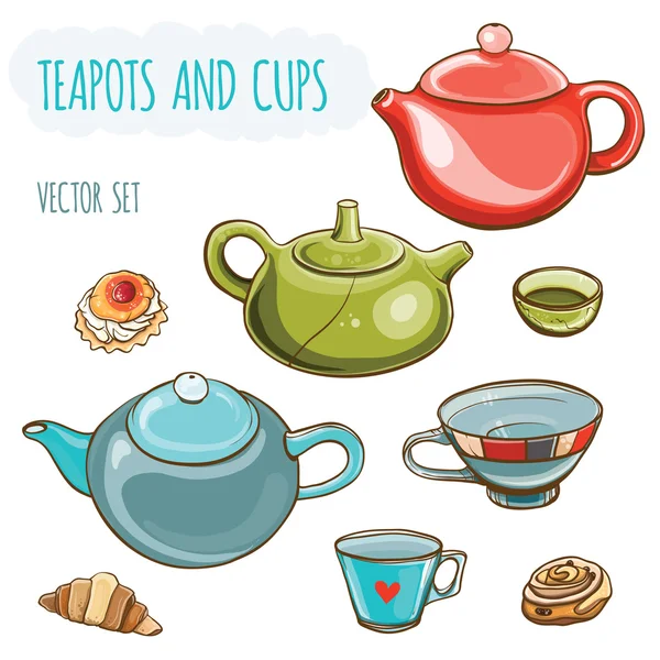 Vector ilustración conjunto de teteras, tazas y bollos . — Vector de stock