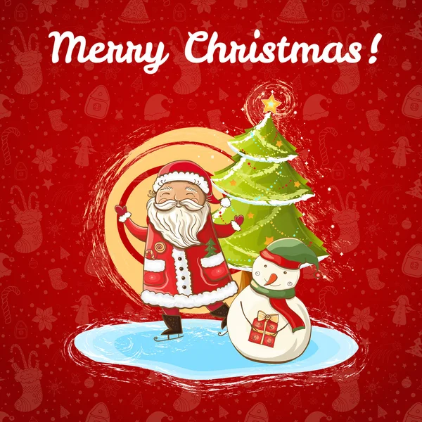 Векторная рождественская иллюстрация Санта Клауса, снеговика и елки — стоковый вектор