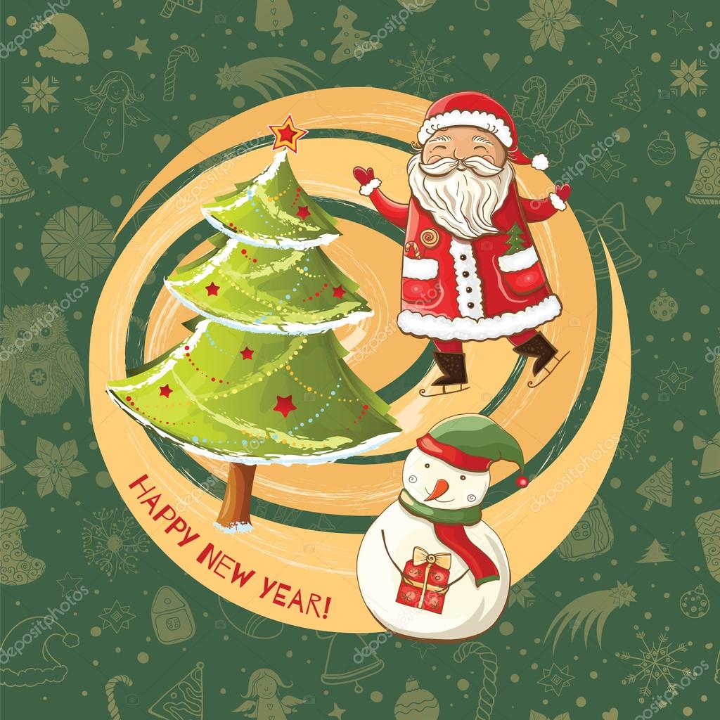Vector modello luminoso di Natale di colore per il disegno con l illustrazione di felice Babbo Natale sui pattini pupazzo di neve e albero di Natale
