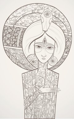Doğa ana tanrıçası vektör kontur çizim