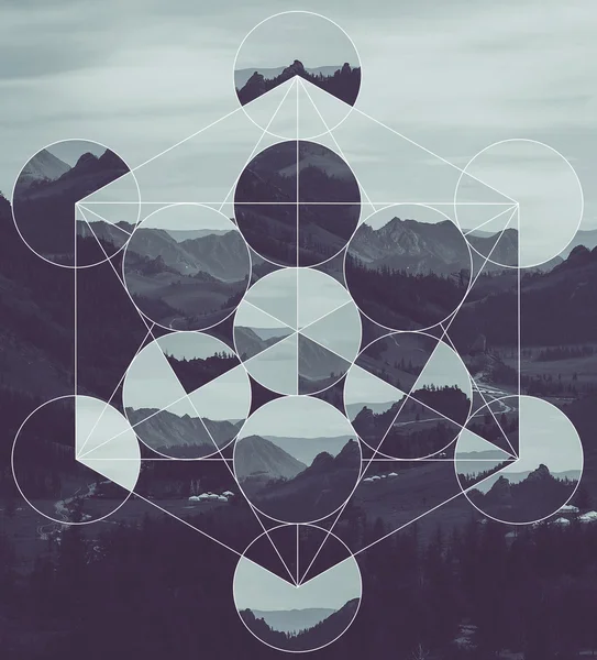 Collage with the Mountain landscape and Metatron's Cube — Stock Photo, Image