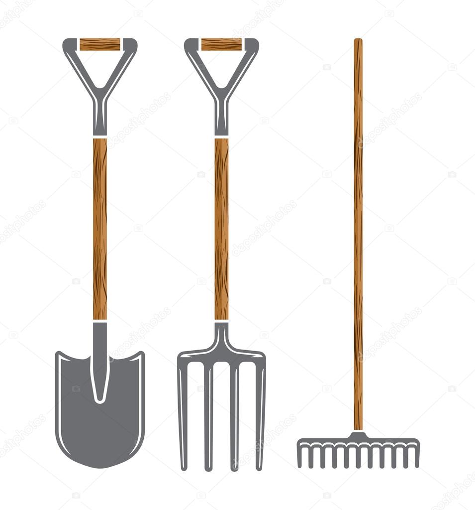 Garden tool spade, pitchfork and rake vector icons