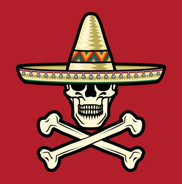 Vektor Ilustrasi Tengkorak Dan Tulang Menandatangani Dengan Sombrero Meksiko - Stok Vektor