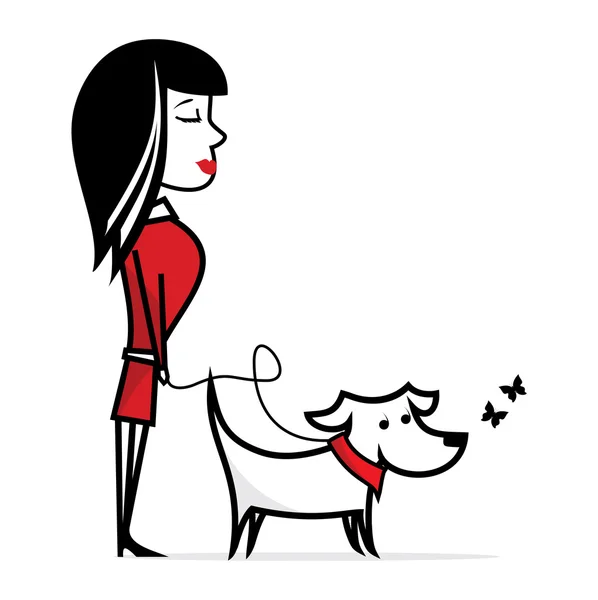 Vrouw wandelen met hond — Stockvector