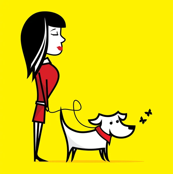 Vrouw wandelen met hond — Stockvector