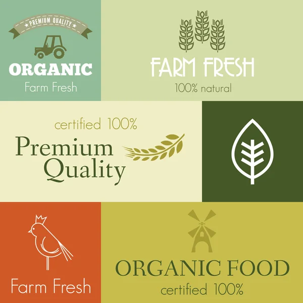 Insignias y etiquetas de alimentos frescos ecológicos y agrícolas — Vector de stock