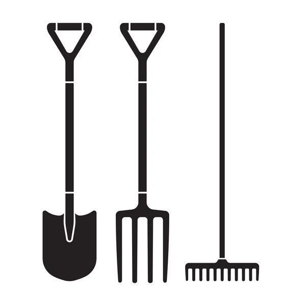 Gartenwerkzeug Spaten, Mistgabel und Harke Vektorsymbole — Stockvektor