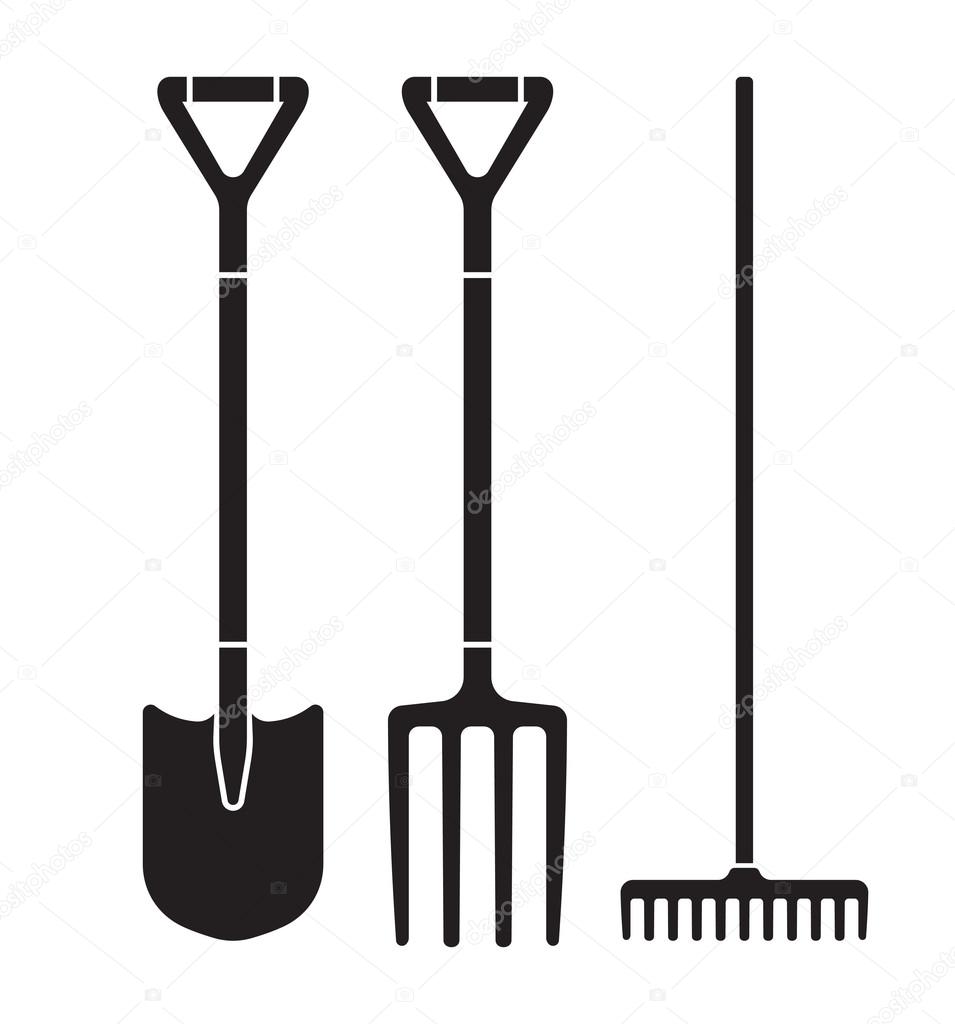 Garden tool spade, pitchfork and rake vector icons