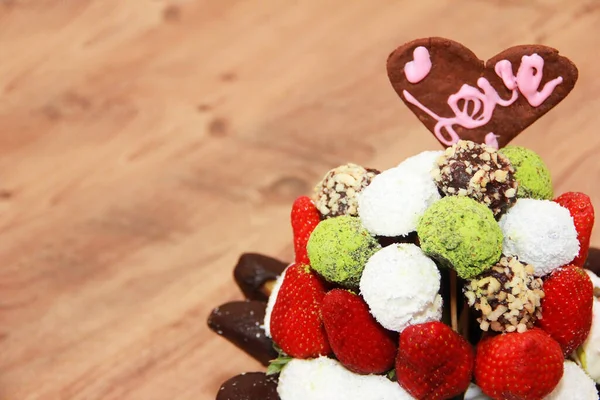 decorative sweet bouquet of fruits in chocolate