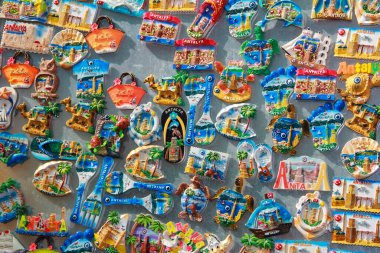 Antalya, Turkey, April 19, 2021. Decorative multi-colored magnets with the inscription Antalya