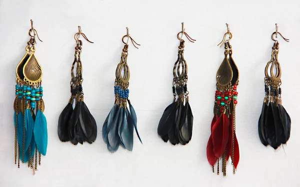 Antalya Turkey March 2021 Women Decorative Earrings Beads Feathers — Stock Photo, Image