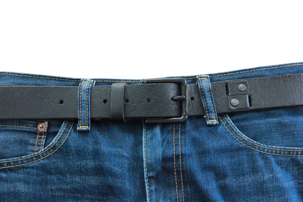 Men Leather Belt Metal Buckle Blue Jeans — Stock Photo, Image