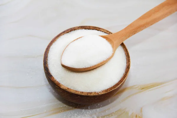 Zucchero Semolato Bianco Cucchiaio Legno — Foto Stock
