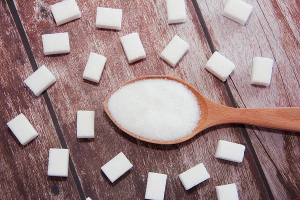 Granulato Bianco Pezzi Zucchero Cucchiaio Legno — Foto Stock