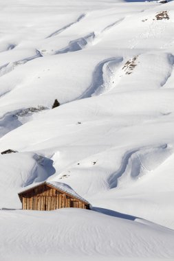 Geleneksel ahşap kulübe karda, Alpler, Avusturya
