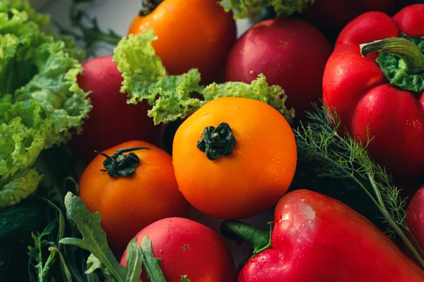Latar Belakang Dari Sayuran Matang Dan Lezat Tomat Kuning Dan — Stok Foto