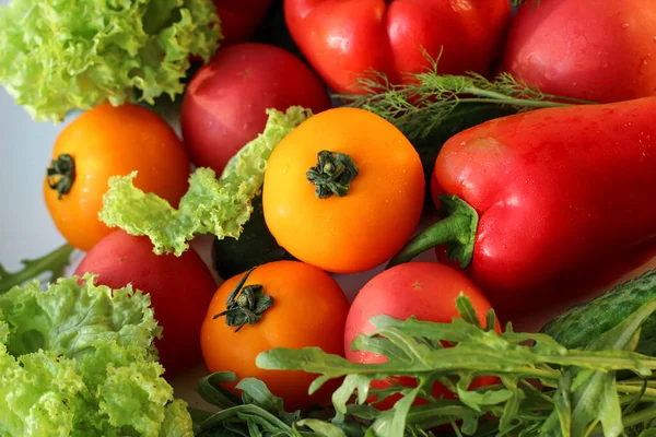Latar Belakang Dari Sayuran Matang Dan Lezat Tomat Kuning Dan — Stok Foto