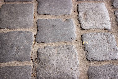 Eski parke taşları güneş ışınlarıyla kısmen aydınlatılır ve hafifçe yeniden odaklanır.