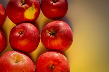 Birkaç olgun kırmızı elma, güneş ışınlarıyla aydınlatılmış beyaz bir zemin üzerinde duruyor.