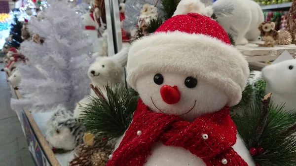 Snowman Red Hat Red Scarf — Stock Photo, Image