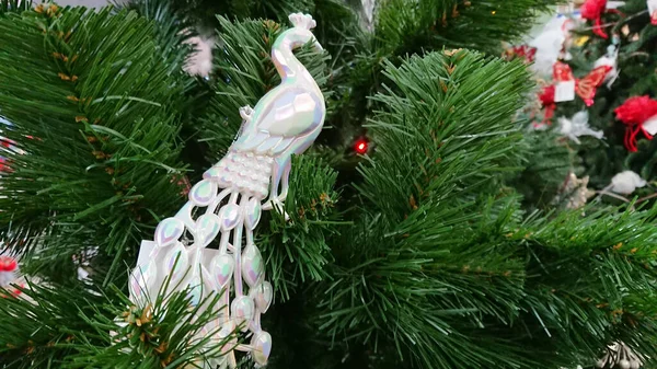 크리스마스 트리의 나뭇가지에 공작새의 모습으로 장식되어 — 스톡 사진