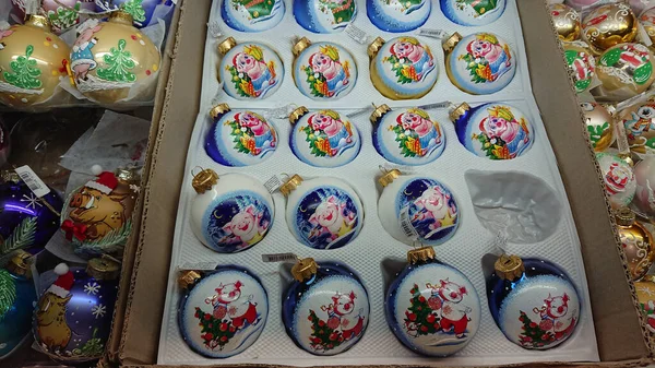 Ternopil Ukraine November 2018 Colorful Christmas Ornaments Balls Shelf Mall — Stock Photo, Image