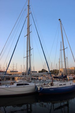 Trefl yatı 5 Haziran 2019 'da Polonya' nın Gdynia kentindeki marinada demirlemiş. Sakin akşam ışığı ve su yansımaları, direkler ve arka planda görünen diğer tekneler. Baltık Denizi kıyısında huzurlu bir yaz ortamı.