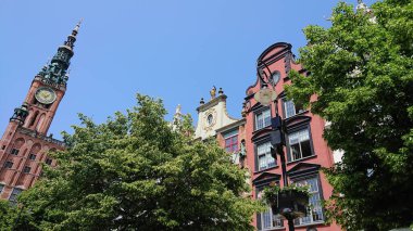 Gdansk, Polonya. Haziran 07, 2019. Tarihi renkli kasaba evleri ve güneşli bir yaz gününde yeşil ağaçların üzerinde görülen bir kilise kulesi..