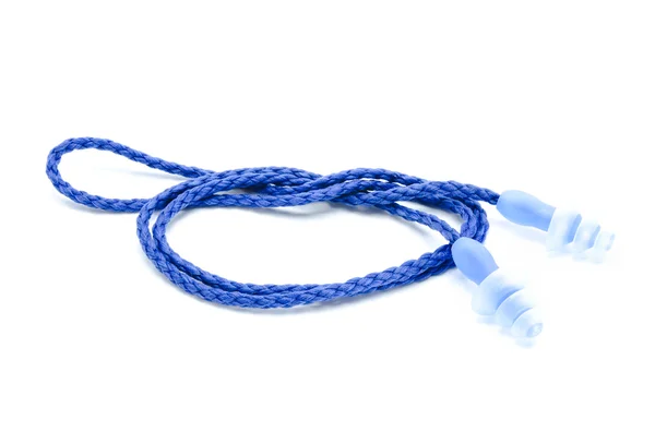 Blaue Ohrstöpsel mit String auf weißem Hintergrund. — Stockfoto