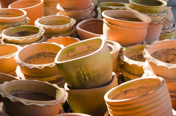 Clay flowerpot with growing seedlings. — Stock Photo, Image
