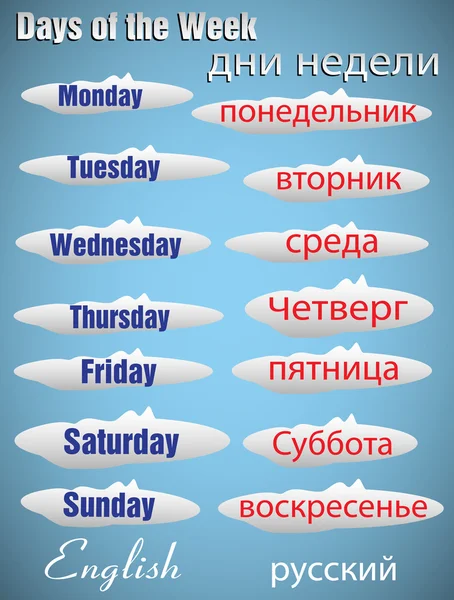 Días de la semana escritos en inglés y ruso — Vector de stock