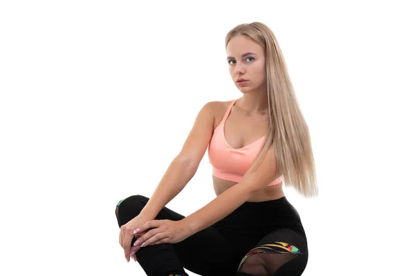 Mujer Joven Deportiva Top Rosa Polainas Zapatillas Deporte Posando — Foto de Stock