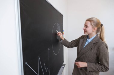 Genç bir kadın tahtaya grafik çiziyor.