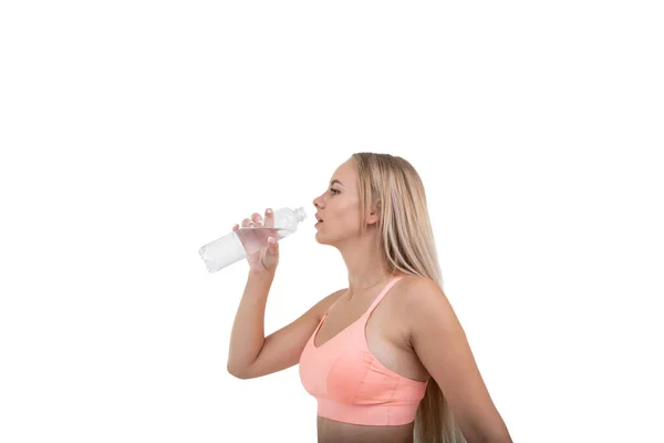 Sporty Young Woman Pink Top Drinks Water Workout White Backgroun — Stock Photo, Image