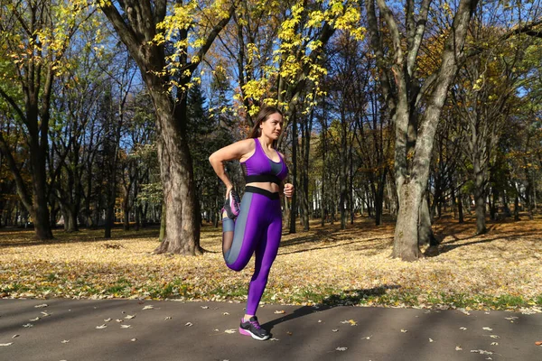 Girl Tracksuit Warming Park Running Exercise Fresh Air — Stock Photo, Image