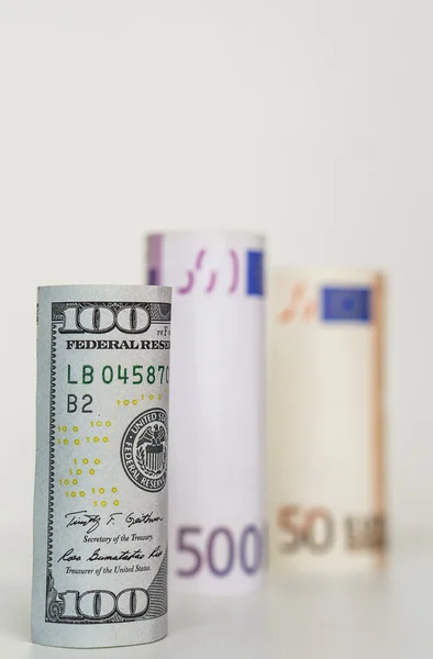 Dólar e notas de euro — Fotografia de Stock