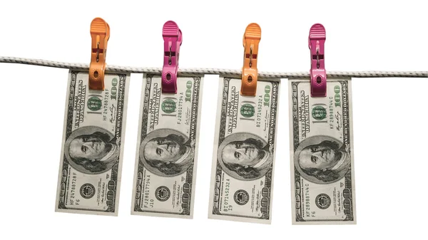 Some dollar bills hanging on clothesline — Stock Photo, Image