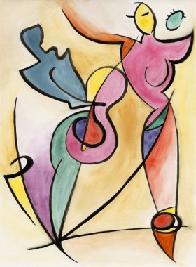 Man with a guitar in front of woman