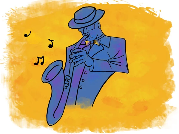 Saxofonista macho azul tocando música — Foto de Stock