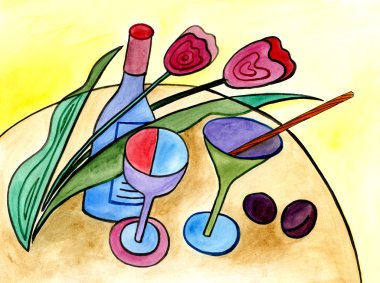 Cam ve çiçekler ile natürmort