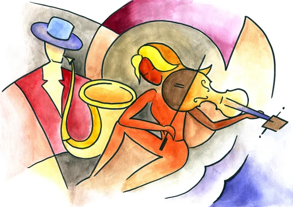 Saksofoncu ve kemancı musi oynarken — Stok fotoğraf